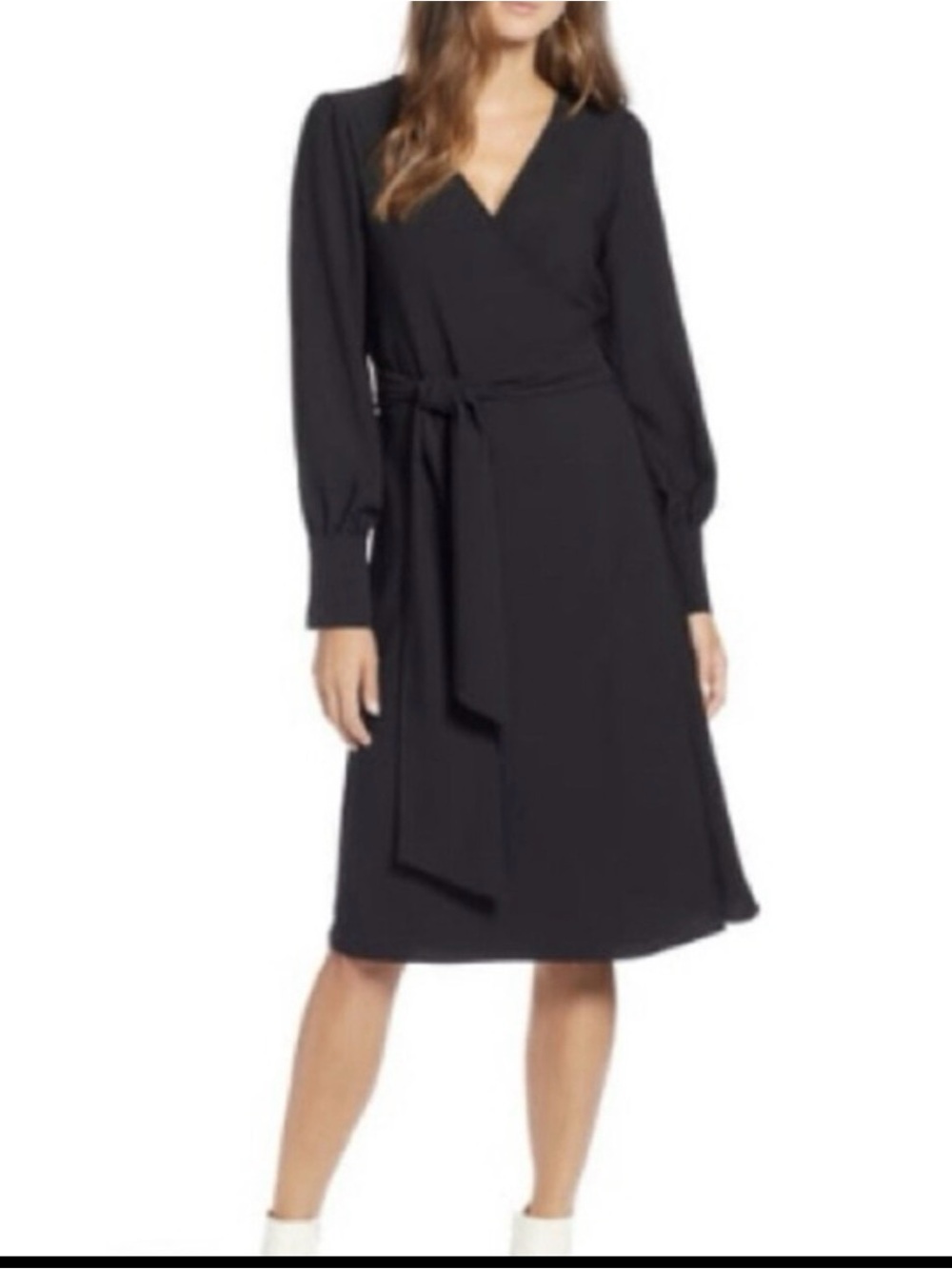 Halogen Black Long Sleeve Wrap Midi Dress Surplice V Neck Side Tie Size M